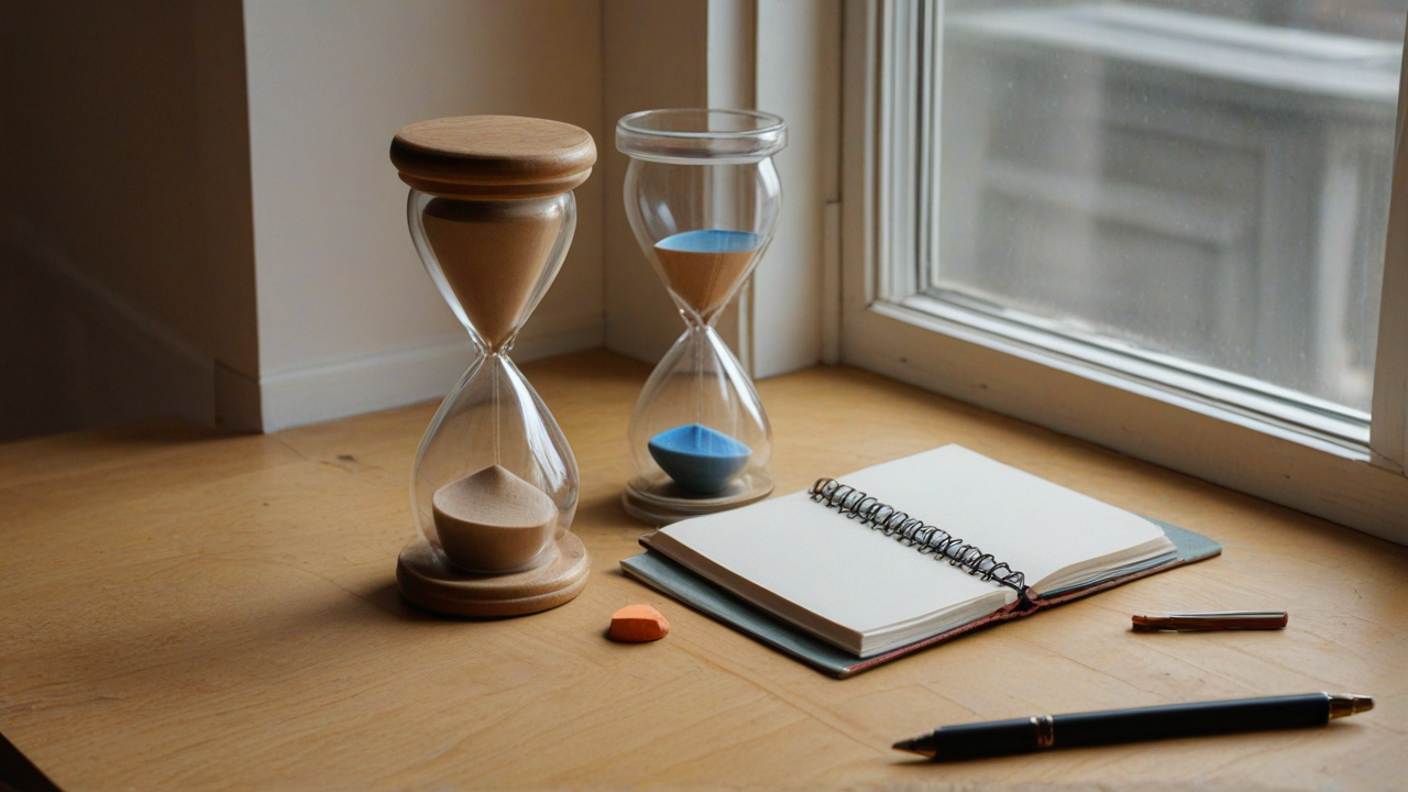 Two hourglasses and a blank notebook represent the decision deadline