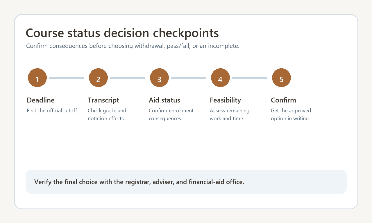 Course status decision checkpoints covering deadline, transcript, aid, feasibility, and confirmation