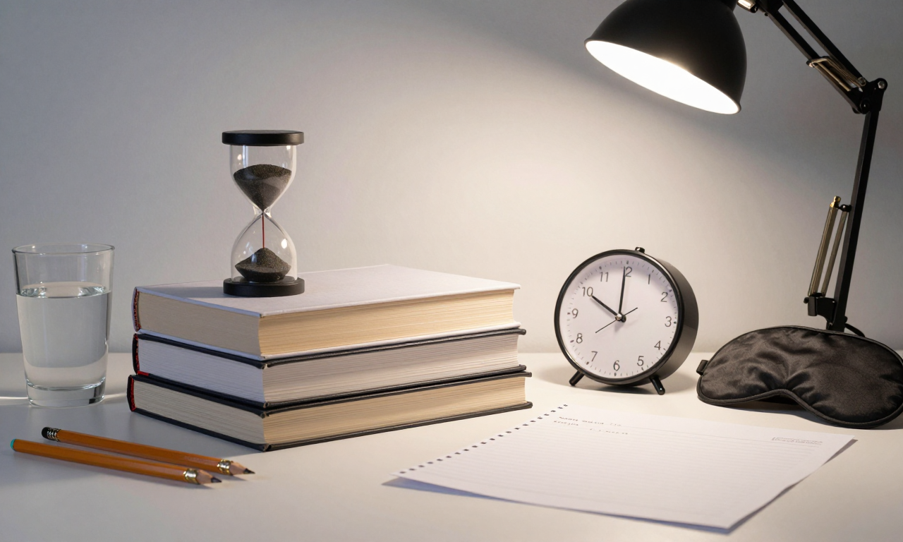Books, timers, and rest tools arranged for an exam-preparation session